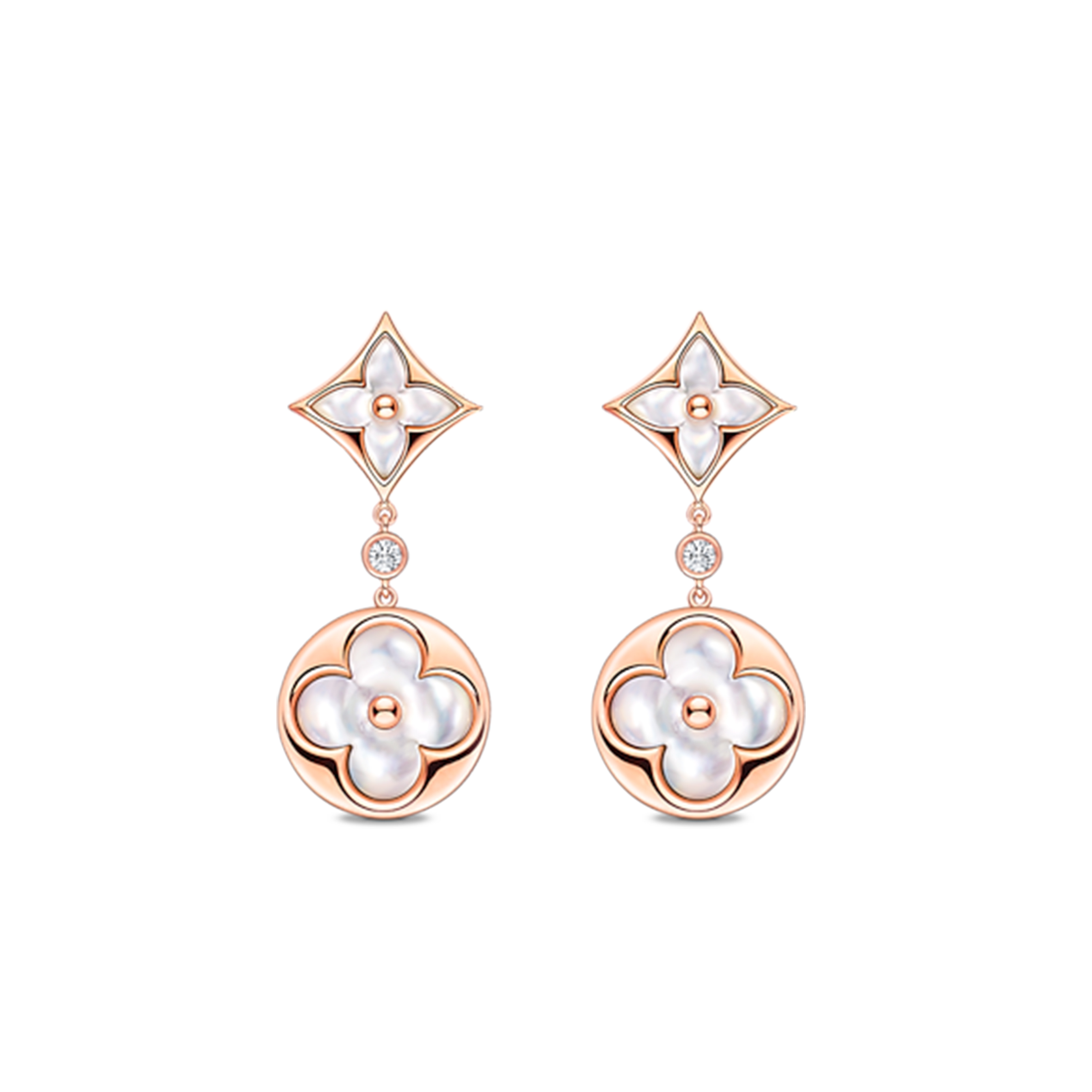 l**is V*t*n colour blossom long earrings, pink gold, white mother-of-pearl and diamonds q96668